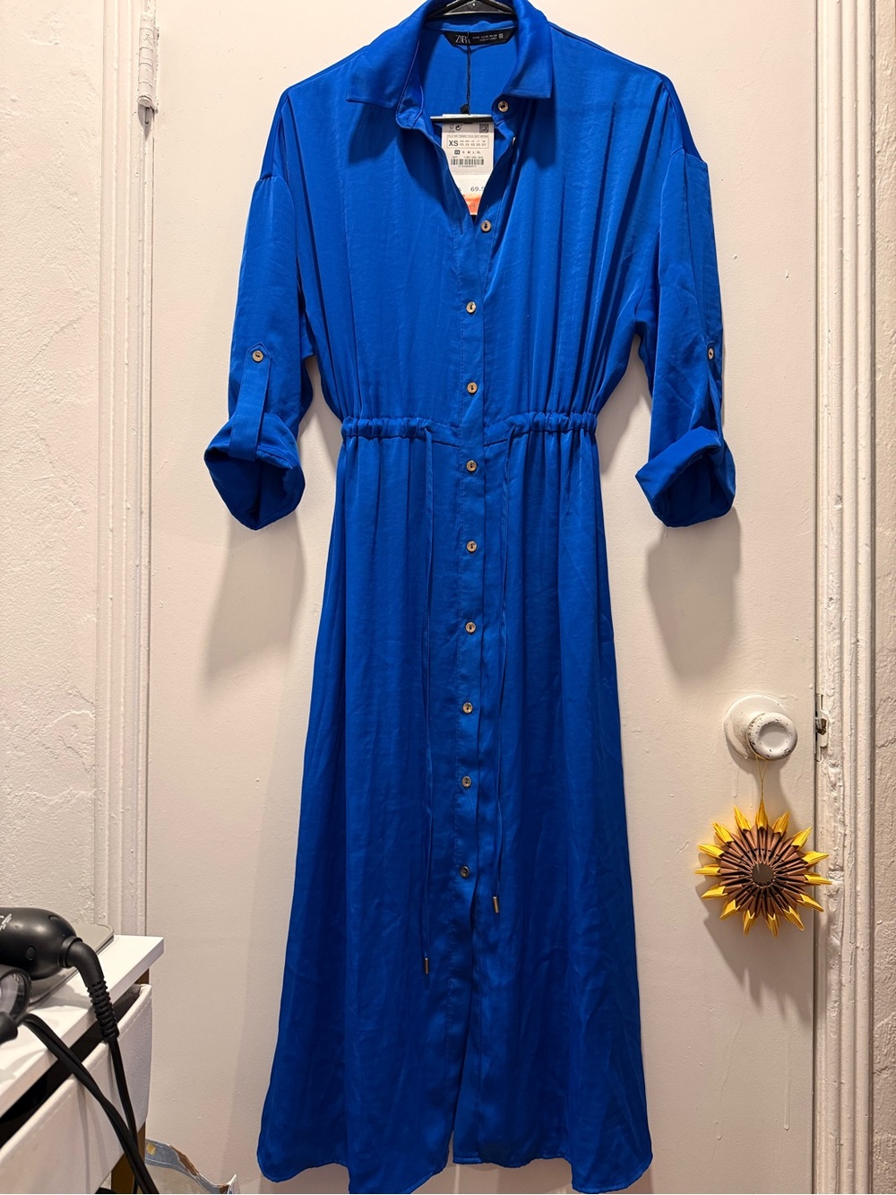 Blue Button-Front Shirt Dress with Drawstring Waist NEW ZARA DRESS